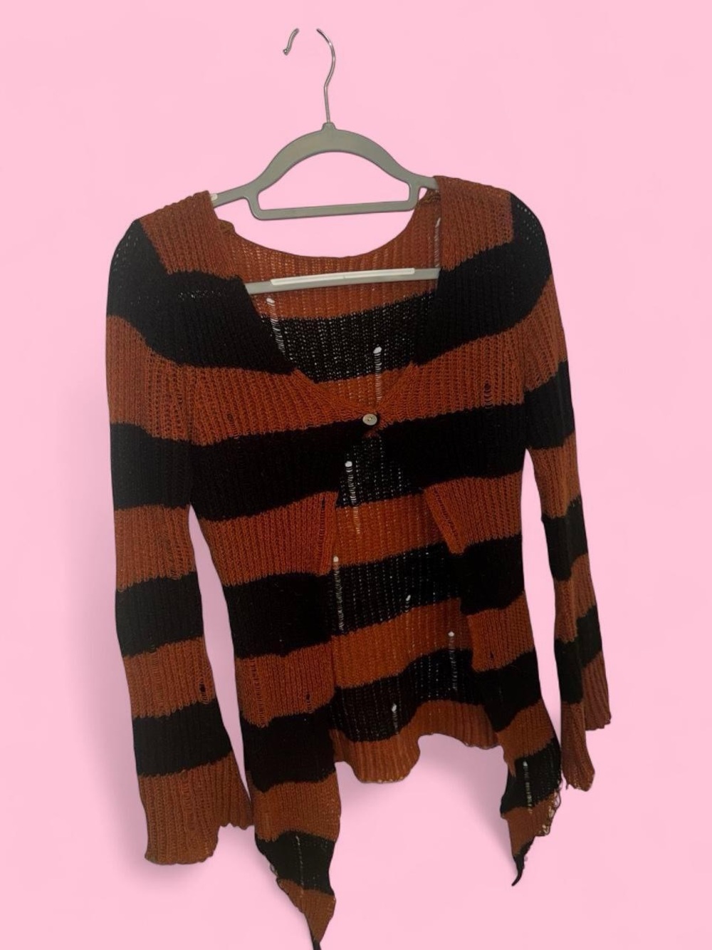 ROMWE Rust and Black Striped Open-Knit Cardigan